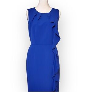 Calvin Klein Royal Blue Ruffle Front Sheath Sleeveless Midi Dress Size 6